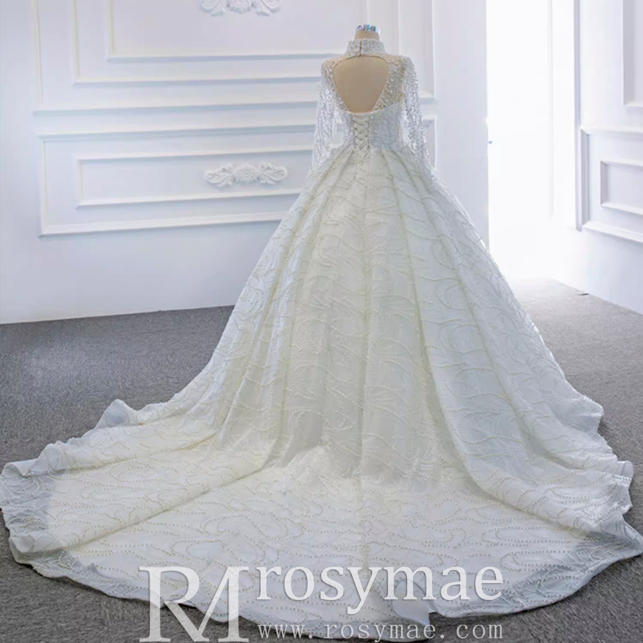 Arab Long Sleeve High Neck Ball Gown Wedding Dress with Keyhole - Rosymae