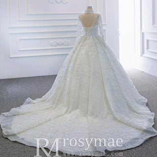 Arab Long Sleeve High Neck Ball Gown Wedding Dress with Keyhole - Rosymae