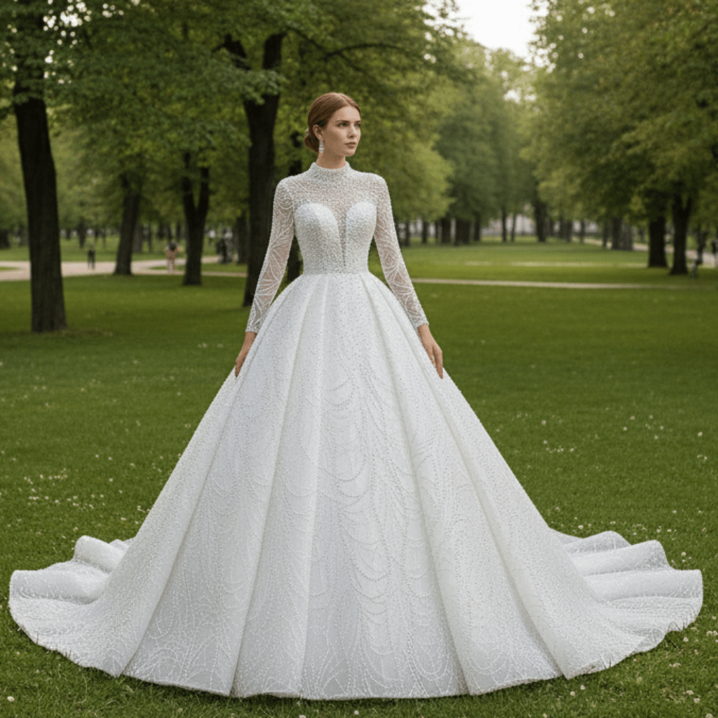 Arab Long Sleeve High Neck Ball Gown Wedding Dress with Keyhole - Rosymae