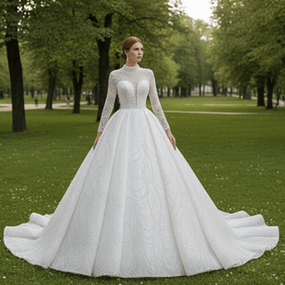 Arab Long Sleeve High Neck Ball Gown Wedding Dress with Keyhole - Rosymae