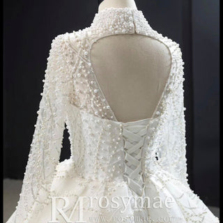 Arab Long Sleeve High Neck Ball Gown Wedding Dress with Keyhole - Rosymae