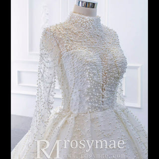 Arab Long Sleeve High Neck Ball Gown Wedding Dress with Keyhole - Rosymae