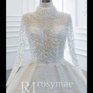 Arab Long Sleeve High Neck Ball Gown Wedding Dress with Keyhole - Rosymae
