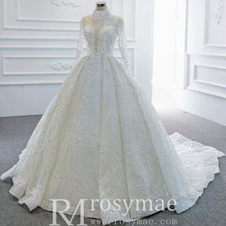 Arab Long Sleeve High Neck Ball Gown Wedding Dress with Keyhole - Rosymae