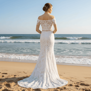 Asymmetrical Neck Fit Flare Lace Wedding Dress with Long Sleeve - Rosymae
