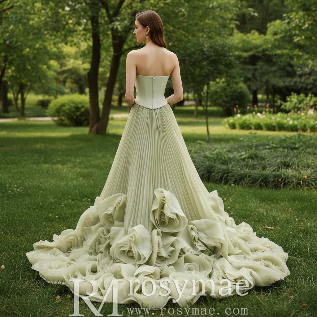 Elegant Strapless Ruffles Long Formal Dress Prom Gown With 3D Flowers Rosymae Elegant Strapless Ruffles Long Formal Dress Prom Gown With 3D Flowers Rosymae