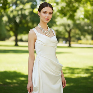 Asymmetrical Neck Satin Wedding Dress with Detachable Train - Rosymae
