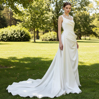Asymmetrical Neck Satin Wedding Dress with Detachable Train - Rosymae