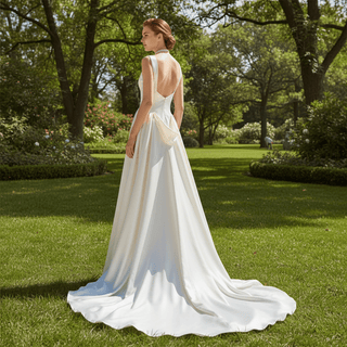 Asymmetrical Neck Satin Wedding Dress with Detachable Train - Rosymae