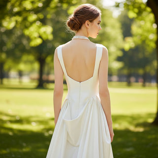 Asymmetrical Neck Satin Wedding Dress with Detachable Train - Rosymae
