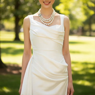 Asymmetrical Neck Satin Wedding Dress with Detachable Train - Rosymae
