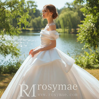 Asymmetrical Neckline Ball Gown Wedding Dress Off Shoulder - Rosymae