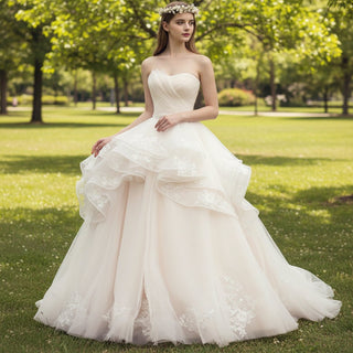 Asymmetrical Neckline Ball Gown Wedding Dress with Ruffle Skirt - Rosymae