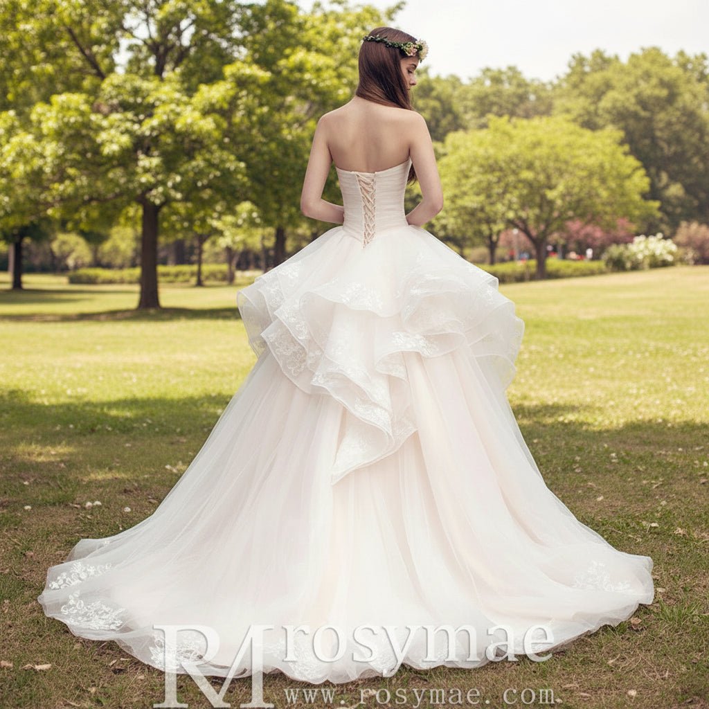 Asymmetrical Neckline Ball Gown Wedding Dress with Ruffle Skirt - Rosymae