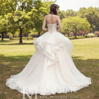 Asymmetrical Neckline Ball Gown Wedding Dress with Ruffle Skirt - Rosymae