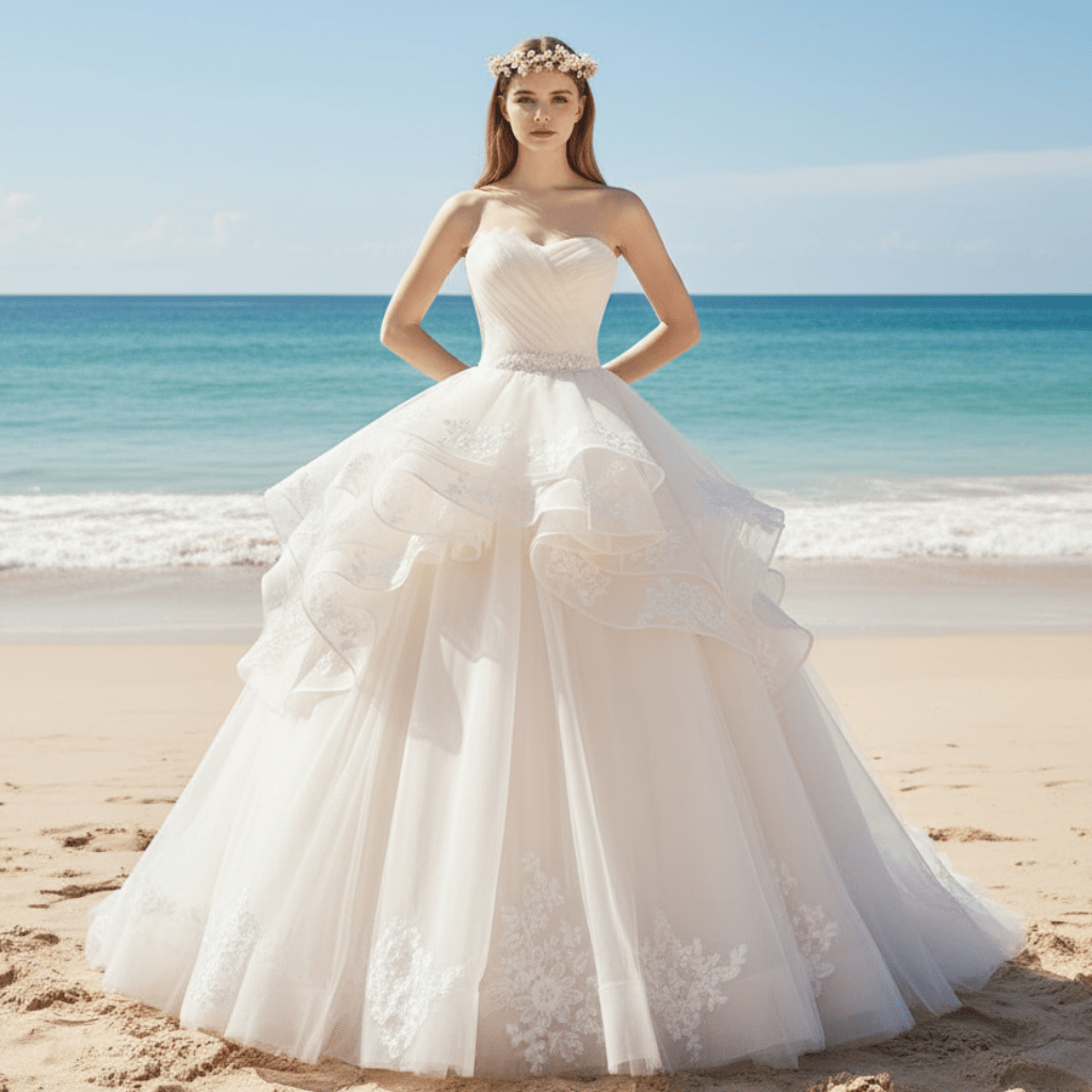 Asymmetrical Neckline Ball Gown Wedding Dress with Ruffle Skirt - Rosymae