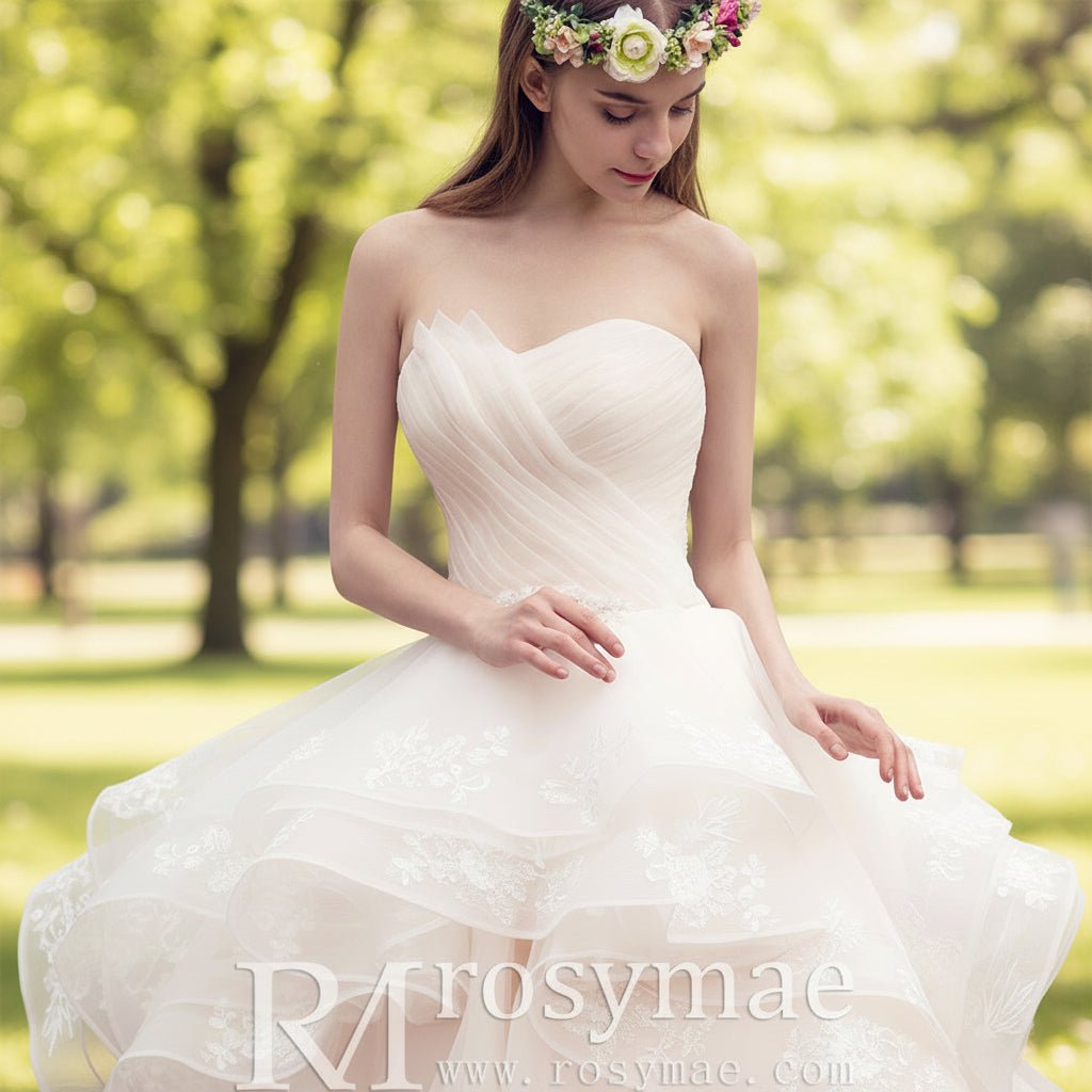 Asymmetrical Neckline Ball Gown Wedding Dress with Ruffle Skirt - Rosymae