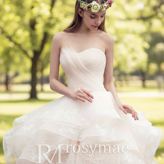 Asymmetrical Neckline Ball Gown Wedding Dress with Ruffle Skirt - Rosymae