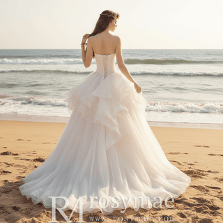Asymmetrical Neckline Ball Gown Wedding Dress with Ruffle Skirt - Rosymae
