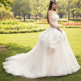 Asymmetrical Neckline Ball Gown Wedding Dress with Ruffle Skirt - Rosymae