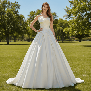 Asymmetrical Neckline Satin Wedding Dress Ruffle Bridal Gown - Rosymae