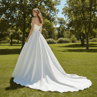 Asymmetrical Neckline Satin Wedding Dress Ruffle Bridal Gown - Rosymae