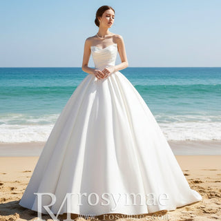 Asymmetrical Satin Ball Gown Wedding Dress with Ruched - Rosymae