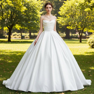Asymmetrical Satin Ball Gown Wedding Dress with Ruched - Rosymae