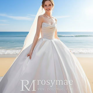 Asymmetrical Satin Ball Gown Wedding Dress with Ruched - Rosymae