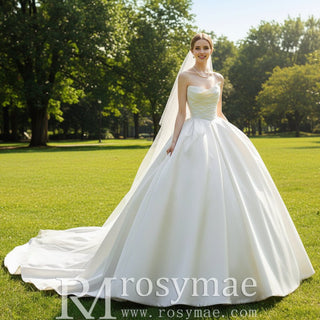 Asymmetrical Satin Ball Gown Wedding Dress with Ruched - Rosymae