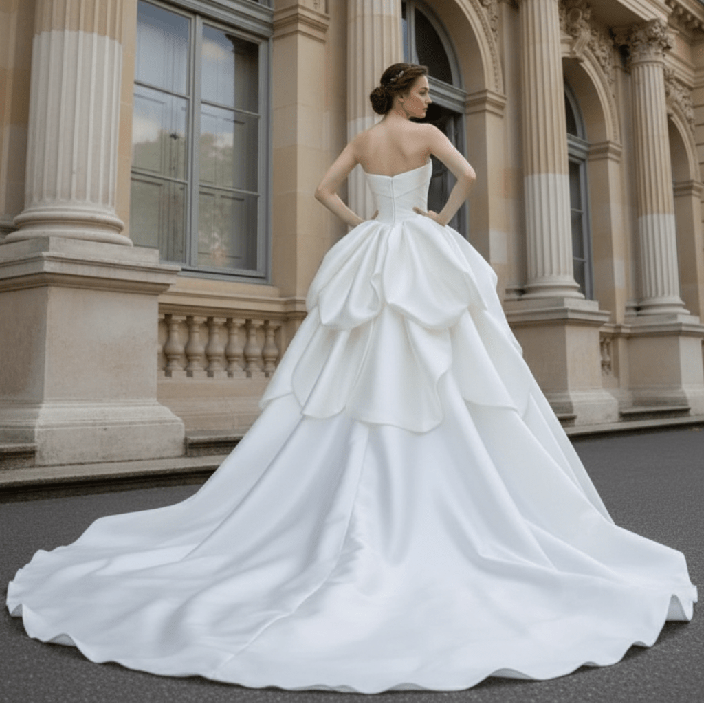 Asymmetrical Satin Draped Wedding Dress Bridal Puff Ball Gown - Rosymae