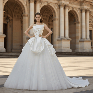 Asymmetrical Satin Draped Wedding Dress Bridal Puff Ball Gown - Rosymae