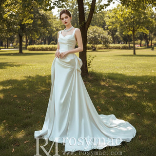 Asymmetrical Satin Wedding Dress with Detachable Train - Rosymae