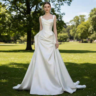 Asymmetrical Satin Wedding Dress with Detachable Train - Rosymae