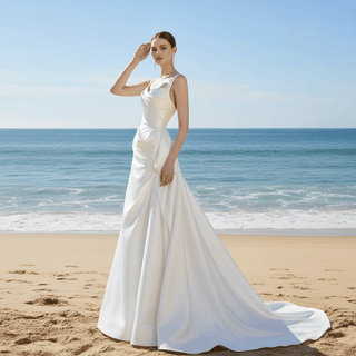 Asymmetrical Satin Wedding Dress with Detachable Train - Rosymae