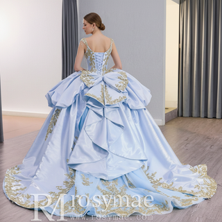 Elegant Floral Baby Blue and Gold Quinceanera Dresses with Ruffle