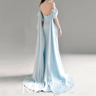 Off the Shoulder Baby Blue Soft Satin Formal Prom Party Dress with Cape