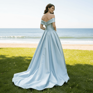 Baby Blue Off Shoulder Satin Formal Dress and Reception Party Gown - Rosymae