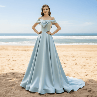 Baby Blue Off Shoulder Satin Formal Dress and Reception Party Gown - Rosymae