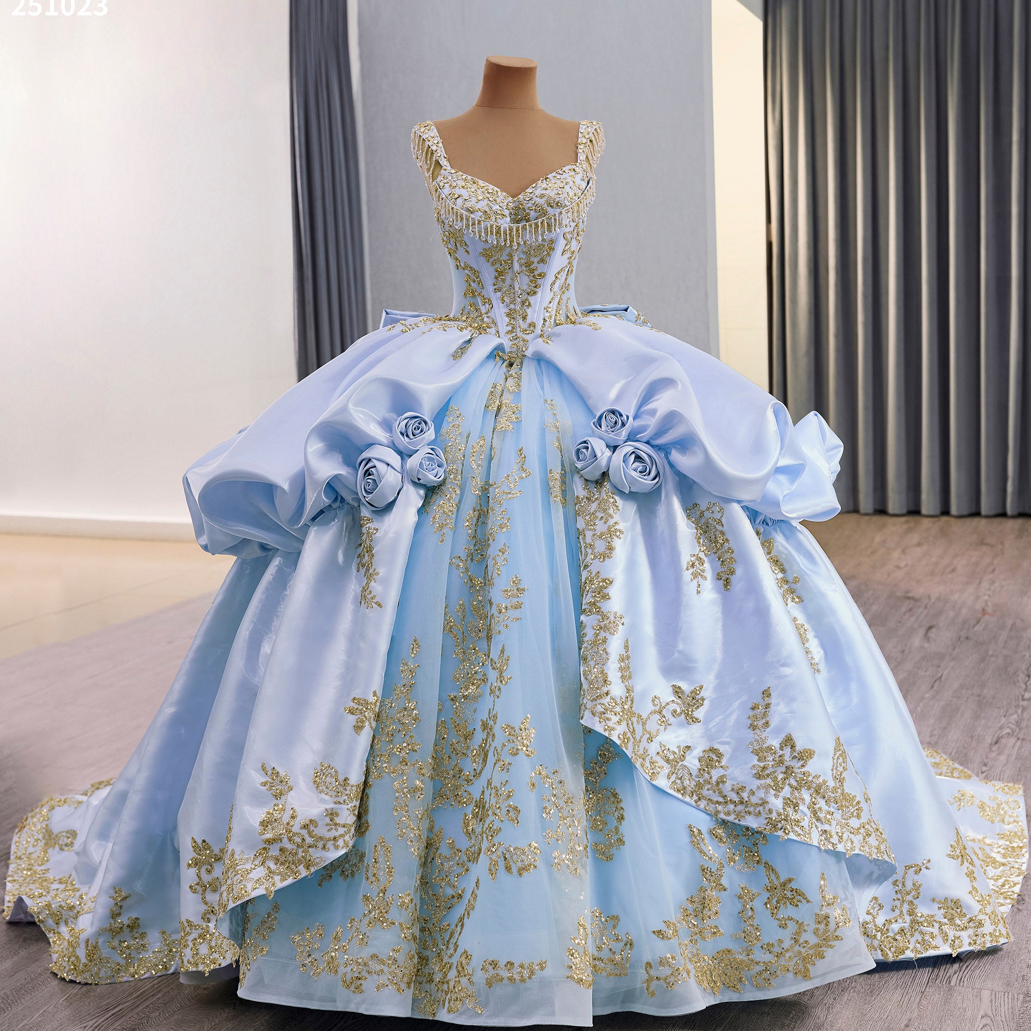 Elegant Floral Baby Blue and Gold Quinceanera Dresses with Ruffle Rosymae Elegant Floral Baby Blue and Gold Quinceanera Dresses with Ruffle Rosymae