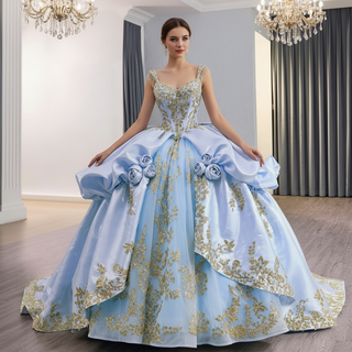 Elegant Floral Baby Blue and Gold Quinceanera Dresses with Ruffle