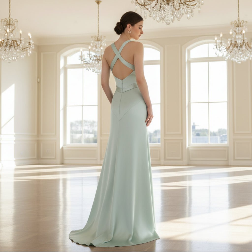 Baby Blue Simple Satin Bridesmaid Dress with Vneck and Open Back - Rosymae