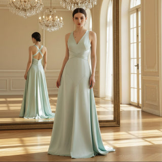 Baby Blue Simple Satin Bridesmaid Dress with Vneck and Open Back