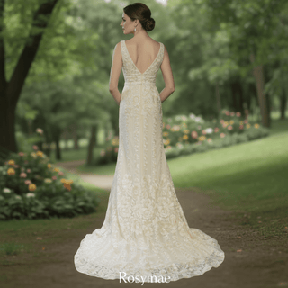 Back-V Sheath Mermaid Wedding Dresses with Low Back - Rosymae
