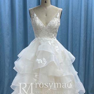 Backless Deep Vneck Ruffle Wedding Dress with Tank Sleeve - Rosymae