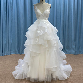 Backless Deep Vneck Ruffle Wedding Dress with Tank Sleeve - Rosymae
