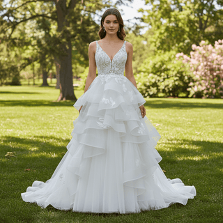 Backless Deep Vneck Ruffle Wedding Dress with Tank Sleeve - Rosymae