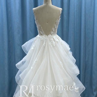 Backless Deep Vneck Ruffle Wedding Dress with Tank Sleeve - Rosymae