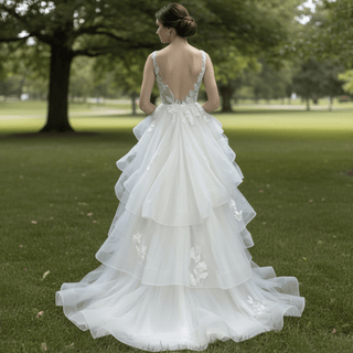 Backless Deep Vneck Ruffle Wedding Dress with Tank Sleeve - Rosymae