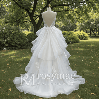 Backless Deep Vneck Ruffle Wedding Dress with Tank Sleeve - Rosymae